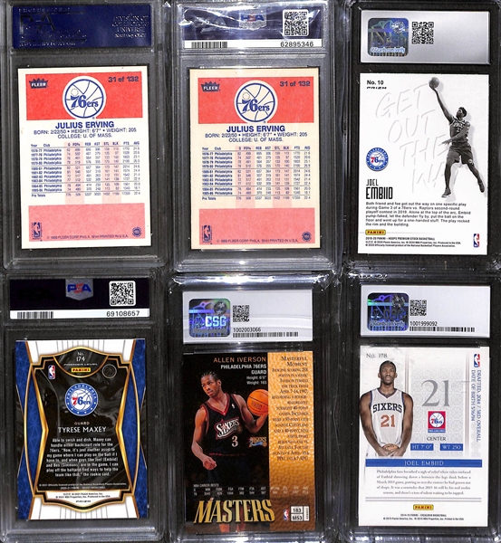 Lot of (20) Mostly Graded Philadelphia 76ers Lot w. (2) 1986 Fleer Julius Erving PSA 8s, Embiid, Iverson, and Maxey Rookies, More!