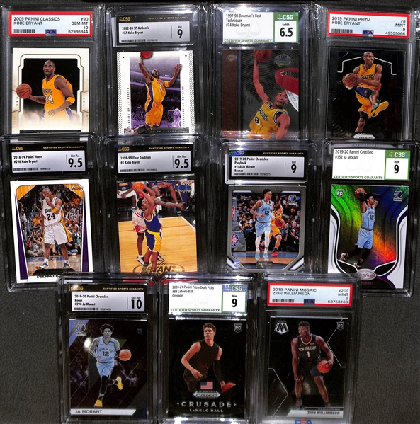 Lot of (13) Graded NBA Basketball Cards w. (7) Kobe Bryant Cards Inc. 1999-00 UD Encore Graded BGS 7 and 2017 Hoops Magic Johnson Ink Autograph Graded PSA 9