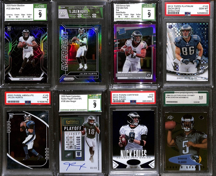 Lot of (8) Philadelphia Eagles Rookie Card Lot w. (4) Jalen Hurts Inc. 2020 Obsidian Jalen Hurts CSG 9