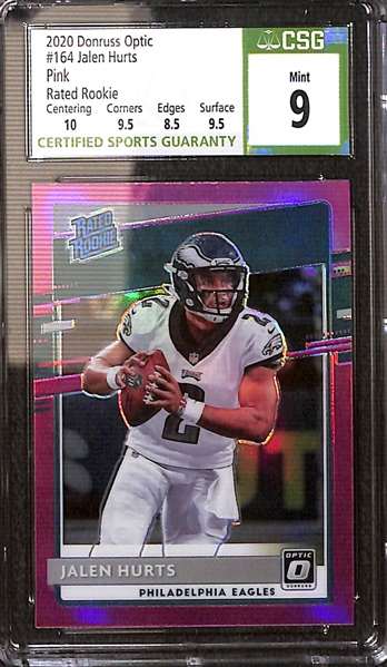 Lot of (8) Philadelphia Eagles Rookie Card Lot w. (4) Jalen Hurts Inc. 2020 Obsidian Jalen Hurts CSG 9