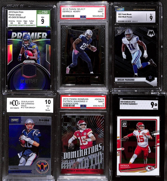 Lot of (16) Graded NFL Football Rookies, Stars, Autographs Inc. Tom Brady, Patrick Mahomes, Micah Parsons, Derrick Henry, DK Metcalf and Others