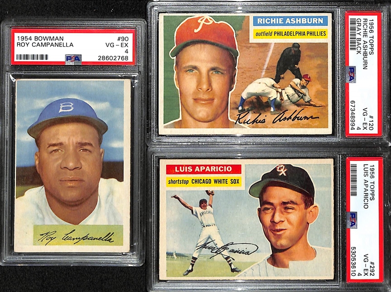 Lot of (3) PSA Graded 1950s Hall of Famers- 1954 Bowman Roy Campanella (PSA 4), 1956 Topps Richie Ashburn (PSA 4), 1956 Topps Luis Aparicio Rookie (PSA 4)