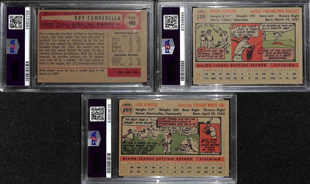 Lot of (3) PSA Graded 1950s Hall of Famers- 1954 Bowman Roy Campanella (PSA 4), 1956 Topps Richie Ashburn (PSA 4), 1956 Topps Luis Aparicio Rookie (PSA 4)