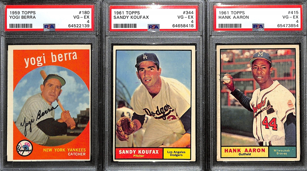 (3) PSA Graded Vintage Topps Baseball Hall of Famers- 1959 Yogi Berra (PSA 4), 1961 Sandy Koufax (PSA 4), 1961 Hank Aaron (PSA 4)