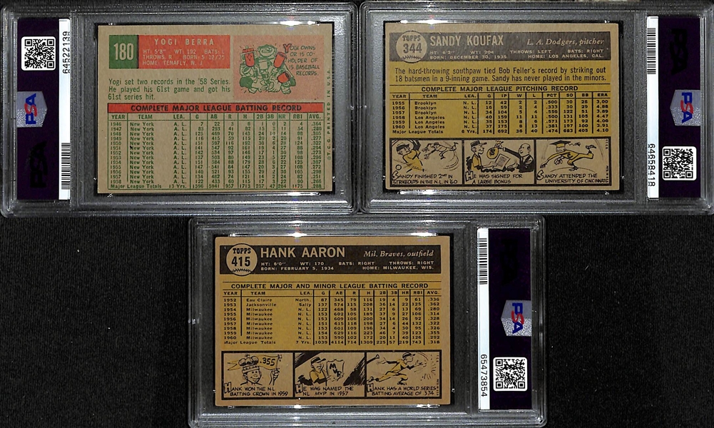 (3) PSA Graded Vintage Topps Baseball Hall of Famers- 1959 Yogi Berra (PSA 4), 1961 Sandy Koufax (PSA 4), 1961 Hank Aaron (PSA 4)