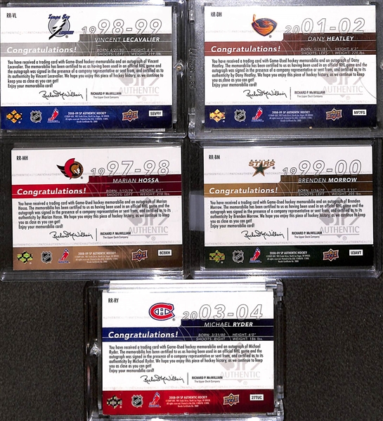 Lot of (5) 2008-09 SP Authentic Rookie Review Patch Autographs each (#/100) inc. Vincent Lecavalier, Dany Heatley, Marian Hossa, Brenden Morrow, Michael Ryder