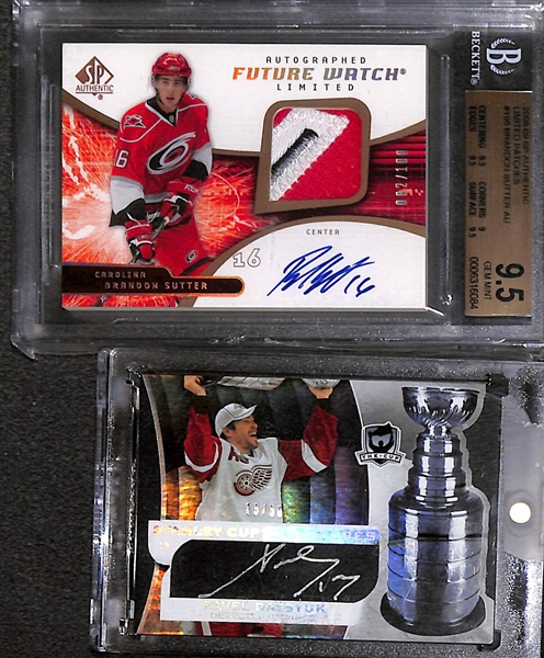 Lot of (28) Late 2000s Upper Deck Autographs Rookies and Jerseys inc. 2008-09 The Cup Pavel Datsyuk Stanley Cup Signatures (#/50), 2008-09 The Cup Nicklas Lidstrum Stanley Cup Signatures (#/50),...