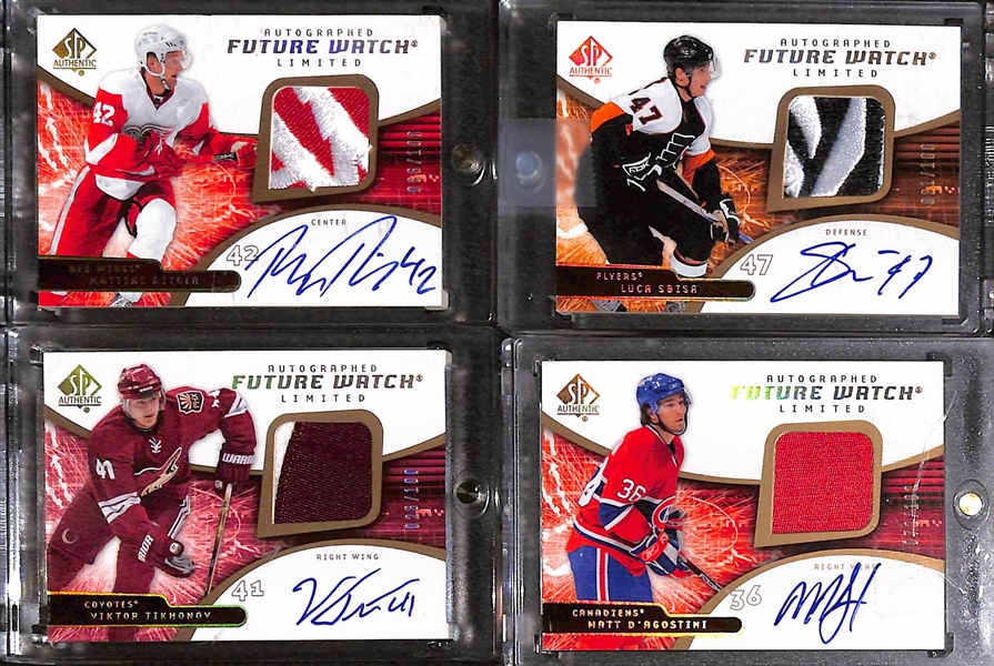 Lot of (16) 2008-09 SP Authentic Future Watch Rookie Patch Autograph (#/100) inc. Alex Pietrangelo, Josh Bailey, Zach Boigosian, Erik Ersberg, Mikkel Boedker, +