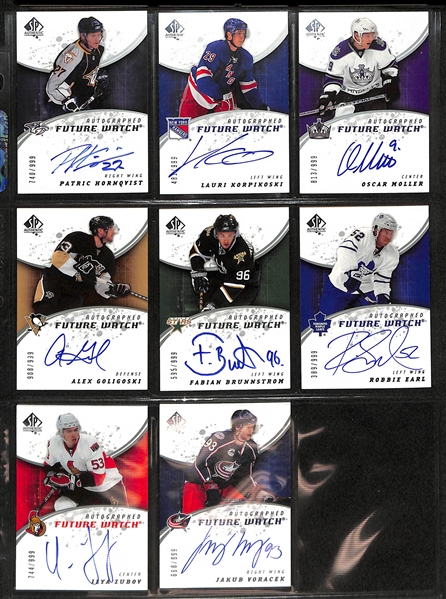 Lot of (58) 2008-09 SP Authentic Future Watch Rookie Autographs and Holo FX Inserts inc. Patric Hornqvist Autograph (#/999), Jakub Voracek Autograph (#/999), Sidney Crosby Gold Die Cut Case Hit, +