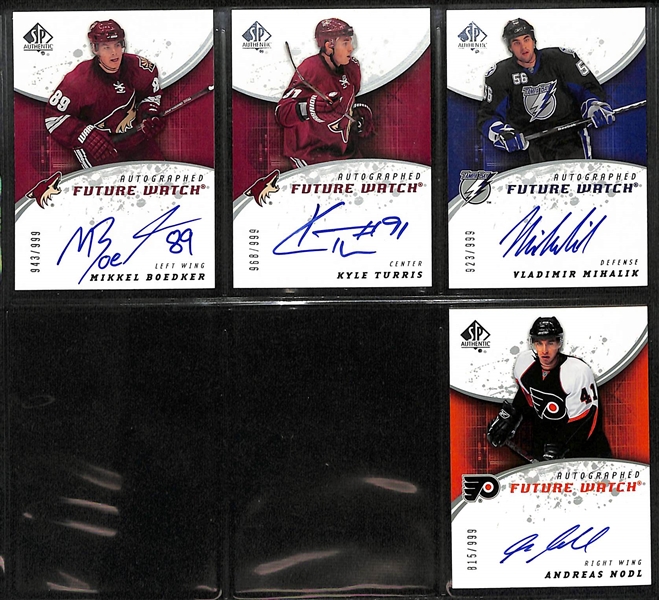 Lot of (58) 2008-09 SP Authentic Future Watch Rookie Autographs and Holo FX Inserts inc. Patric Hornqvist Autograph (#/999), Jakub Voracek Autograph (#/999), Sidney Crosby Gold Die Cut Case Hit, +