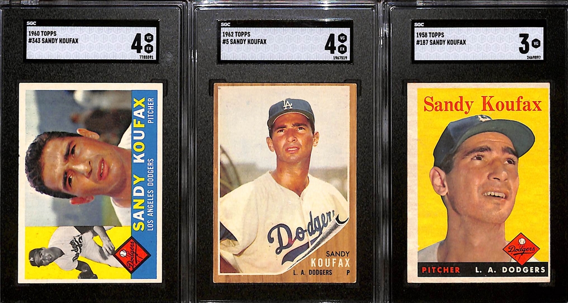 Lot of (3) Topps SGC Graded Sandy Koufax Baseballl Cards From 1958 (Graded 3), 1960 (Graded 4), and 1962 (Graded 4)