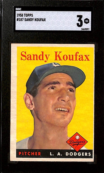 Lot of (3) Topps SGC Graded Sandy Koufax Baseballl Cards From 1958 (Graded 3), 1960 (Graded 4), and 1962 (Graded 4)