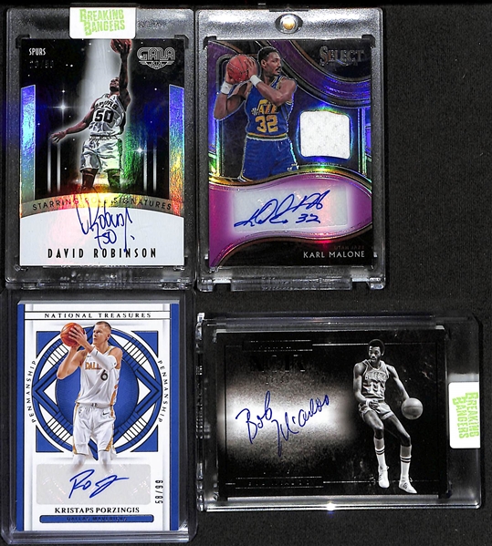 Lot of (12) Rookie and Star Autographs w. 2015-16 Gala David Robinson Starring Role Signatures /50, 2020-21 Select Karl Malone Patch Auto #d /35