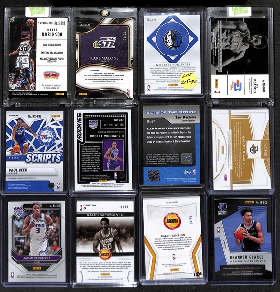 Lot of (12) Rookie and Star Autographs w. 2015-16 Gala David Robinson Starring Role Signatures /50, 2020-21 Select Karl Malone Patch Auto #d /35