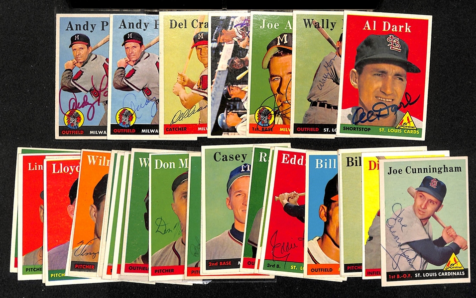 Lot of (30) Signed 1958 Milwaukee Braves Cards w. (2) Pafko, Crandall, (2) Adcock, Moon, and Dark, + (JSA Auction Letter)