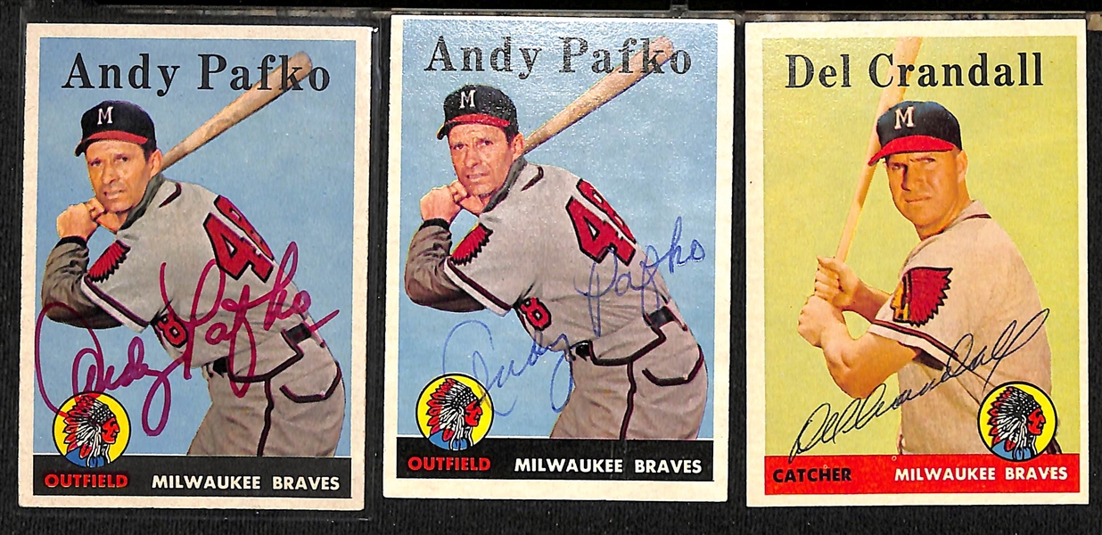 Lot of (30) Signed 1958 Milwaukee Braves Cards w. (2) Pafko, Crandall, (2) Adcock, Moon, and Dark, + (JSA Auction Letter)