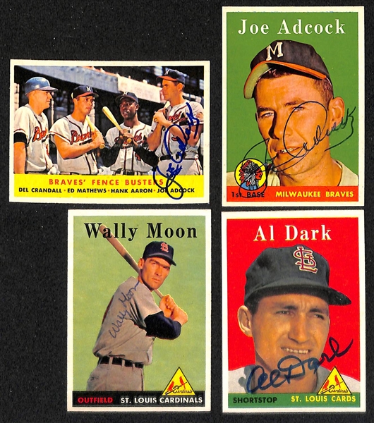 Lot of (30) Signed 1958 Milwaukee Braves Cards w. (2) Pafko, Crandall, (2) Adcock, Moon, and Dark, + (JSA Auction Letter)