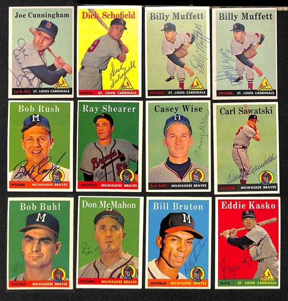 Lot of (30) Signed 1958 Milwaukee Braves Cards w. (2) Pafko, Crandall, (2) Adcock, Moon, and Dark, + (JSA Auction Letter)