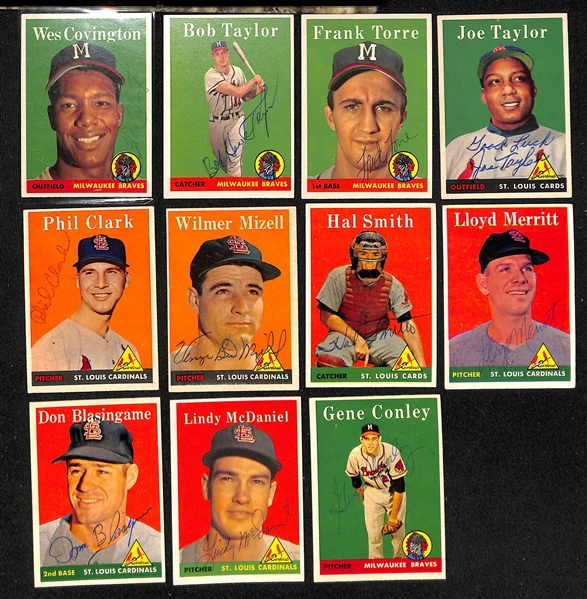 Lot of (30) Signed 1958 Milwaukee Braves Cards w. (2) Pafko, Crandall, (2) Adcock, Moon, and Dark, + (JSA Auction Letter)