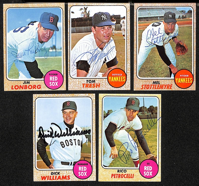 Lot of (30) Signed 1968 Topps Red Sox and Yankees Cards w. (3) Longborg, Tresh, Stottlemyre, Petrocelli, and Williams, + (JSA Auction Letter)