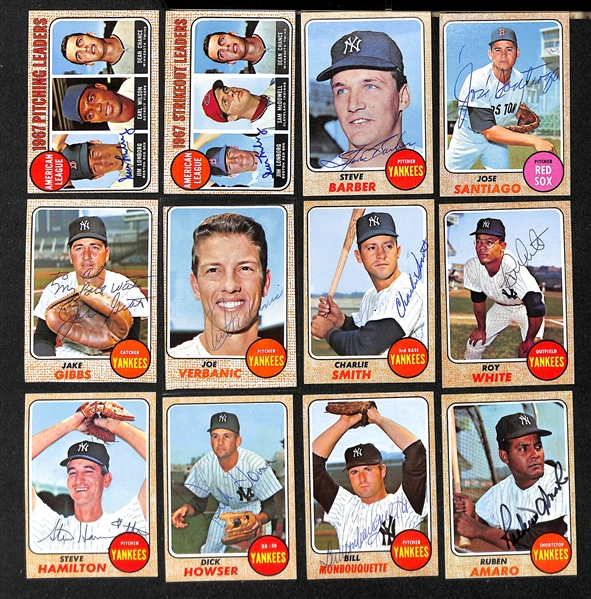 Lot of (30) Signed 1968 Topps Red Sox and Yankees Cards w. (3) Longborg, Tresh, Stottlemyre, Petrocelli, and Williams, + (JSA Auction Letter)