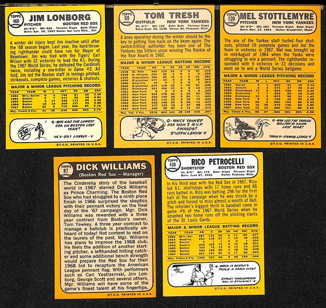 Lot of (30) Signed 1968 Topps Red Sox and Yankees Cards w. (3) Longborg, Tresh, Stottlemyre, Petrocelli, and Williams, + (JSA Auction Letter)