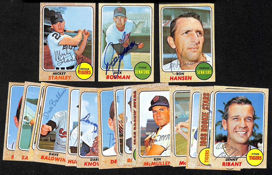 Lot of (26) Signed 1968 Topps Senators and Tigers Cards w. Stanley, Bosman, and Hansen, + (JSA Auction Letter)