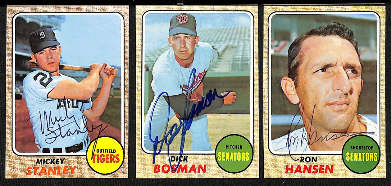 Lot of (26) Signed 1968 Topps Senators and Tigers Cards w. Stanley, Bosman, and Hansen, + (JSA Auction Letter)