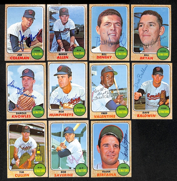 Lot of (26) Signed 1968 Topps Senators and Tigers Cards w. Stanley, Bosman, and Hansen, + (JSA Auction Letter)