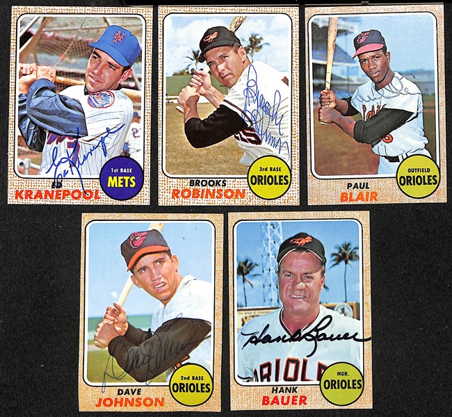 Lot of (25) Signed 1968 Topps Orioles and Mets Cards w. Kranepool, Brooks Robinson, Blair, Johnson, and Bauer, + (JSA Auction Letter)