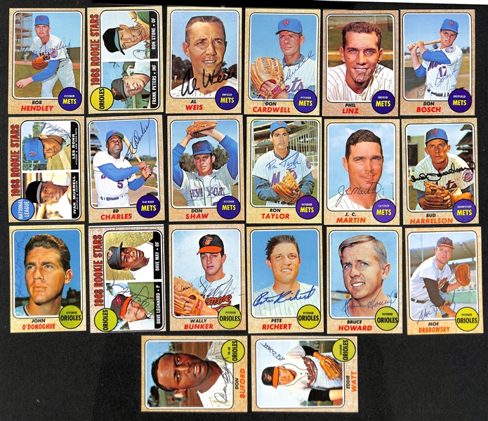 Lot of (25) Signed 1968 Topps Orioles and Mets Cards w. Kranepool, Brooks Robinson, Blair, Johnson, and Bauer, + (JSA Auction Letter)