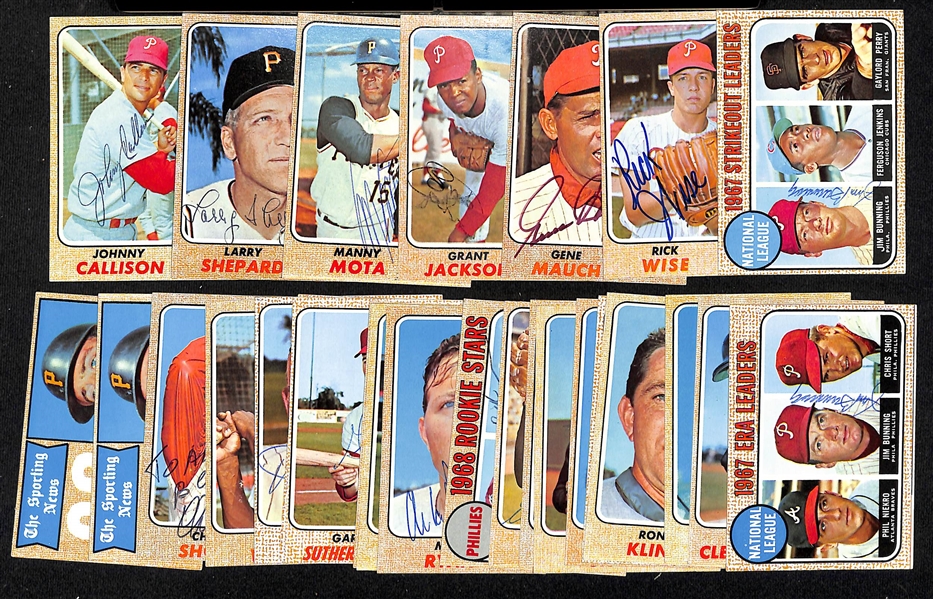 Lot of (27) Signed 1968 Topps Phillies and Pirates Cards w. (2) Bunning, Wise, Mauch, Jackson, Mota, Shepard, and Callison, + (JSA Auction Letter) 