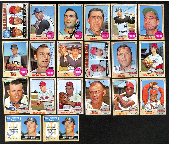 Lot of (27) Signed 1968 Topps Phillies and Pirates Cards w. (2) Bunning, Wise, Mauch, Jackson, Mota, Shepard, and Callison, + (JSA Auction Letter) 