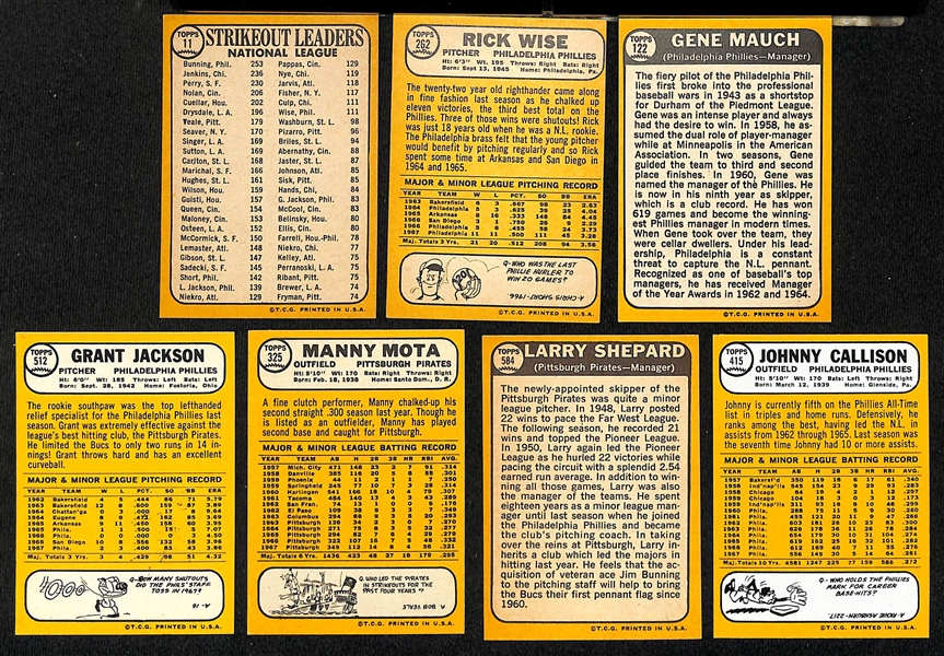 Lot of (27) Signed 1968 Topps Phillies and Pirates Cards w. (2) Bunning, Wise, Mauch, Jackson, Mota, Shepard, and Callison, + (JSA Auction Letter) 