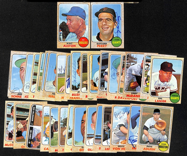 Lot of (39) Signed 1968 Topps Giants, Dodgers, and Astros Cards w. Alston and Perry, + (JSA Auction Letter)