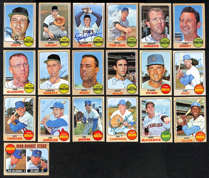 Lot of (39) Signed 1968 Topps Giants, Dodgers, and Astros Cards w. Alston and Perry, + (JSA Auction Letter)