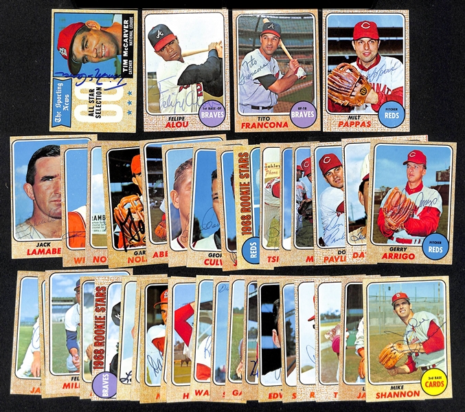 Lot of (40) Signed 1968 Topps Cardinals and Braves Cards w. McCarver, Alou, Francona, and Pappas, + (JSA Auction Letter)