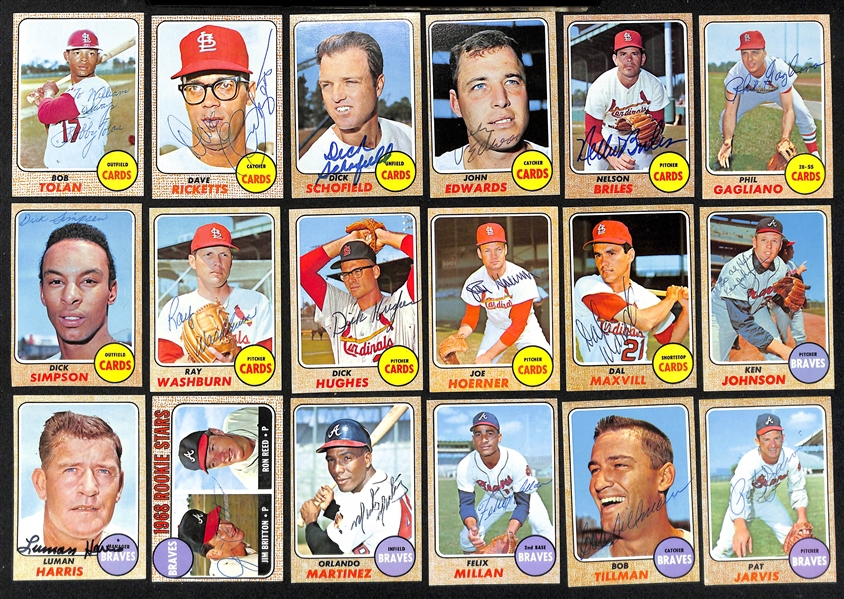 Lot of (40) Signed 1968 Topps Cardinals and Braves Cards w. McCarver, Alou, Francona, and Pappas, + (JSA Auction Letter)