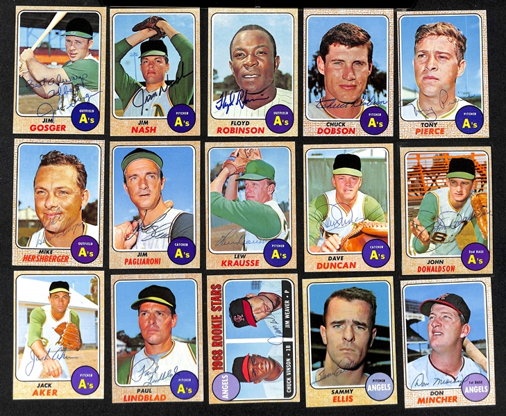 Lot of (34) Signed 1968 Topps A's and Angels Cards w. LaRussa, Hunter, Rigney, Cardenal, and Johnstone, + (JSA Auction Letter)  