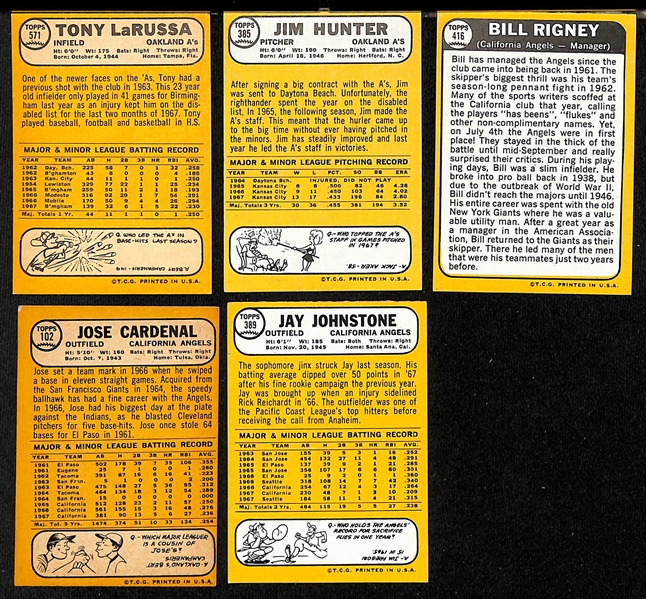 Lot of (34) Signed 1968 Topps A's and Angels Cards w. LaRussa, Hunter, Rigney, Cardenal, and Johnstone, + (JSA Auction Letter)  