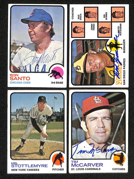 Lot of (86) Signed 1973 Topps Baseball Cards w. Brooks Robinson, Anderson, Santo, Zimmer, Stottlemyre, and McCarver, + (JSA Auction Letter) 