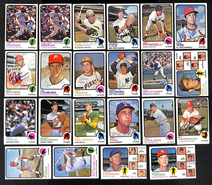 Lot of (86) Signed 1973 Topps Baseball Cards w. Brooks Robinson, Anderson, Santo, Zimmer, Stottlemyre, and McCarver, + (JSA Auction Letter) 