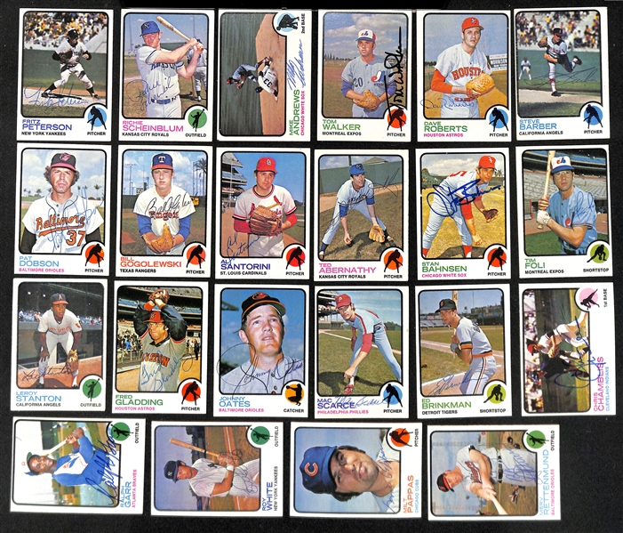 Lot of (86) Signed 1973 Topps Baseball Cards w. Brooks Robinson, Anderson, Santo, Zimmer, Stottlemyre, and McCarver, + (JSA Auction Letter) 