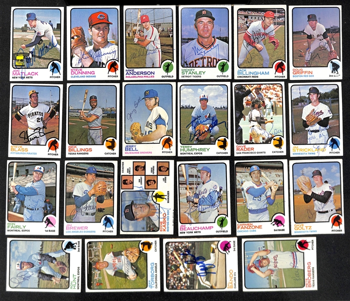 Lot of (86) Signed 1973 Topps Baseball Cards w. Brooks Robinson, Anderson, Santo, Zimmer, Stottlemyre, and McCarver, + (JSA Auction Letter) 