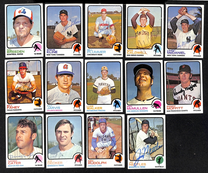 Lot of (86) Signed 1973 Topps Baseball Cards w. Brooks Robinson, Anderson, Santo, Zimmer, Stottlemyre, and McCarver, + (JSA Auction Letter) 