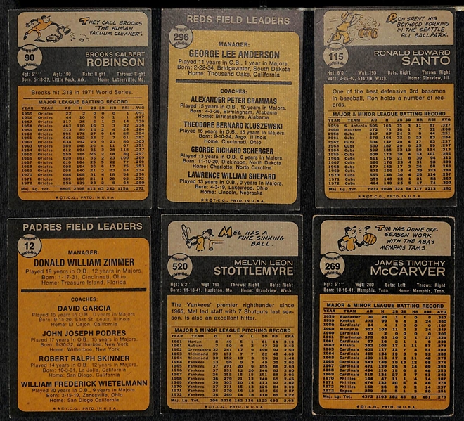 Lot of (86) Signed 1973 Topps Baseball Cards w. Brooks Robinson, Anderson, Santo, Zimmer, Stottlemyre, and McCarver, + (JSA Auction Letter) 