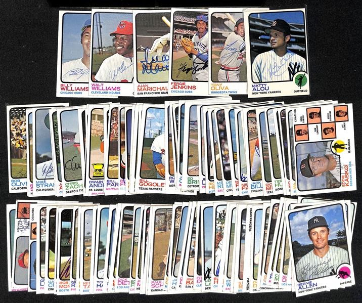 Lot of (93) Signed 1973 Topps Baseball Cards w. (2) Williams, Marichal, Jenkins, Oliva, and Alou, + (JSA Auction Letter) 