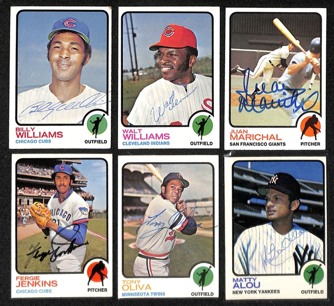 Lot of (93) Signed 1973 Topps Baseball Cards w. (2) Williams, Marichal, Jenkins, Oliva, and Alou, + (JSA Auction Letter) 