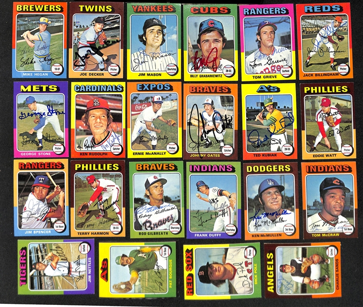 Lot of (66) Signed 1975 Topps Baseball cards w. Brooks Robinson, Downing, and Marshall, + (JSA Auction Letter) 