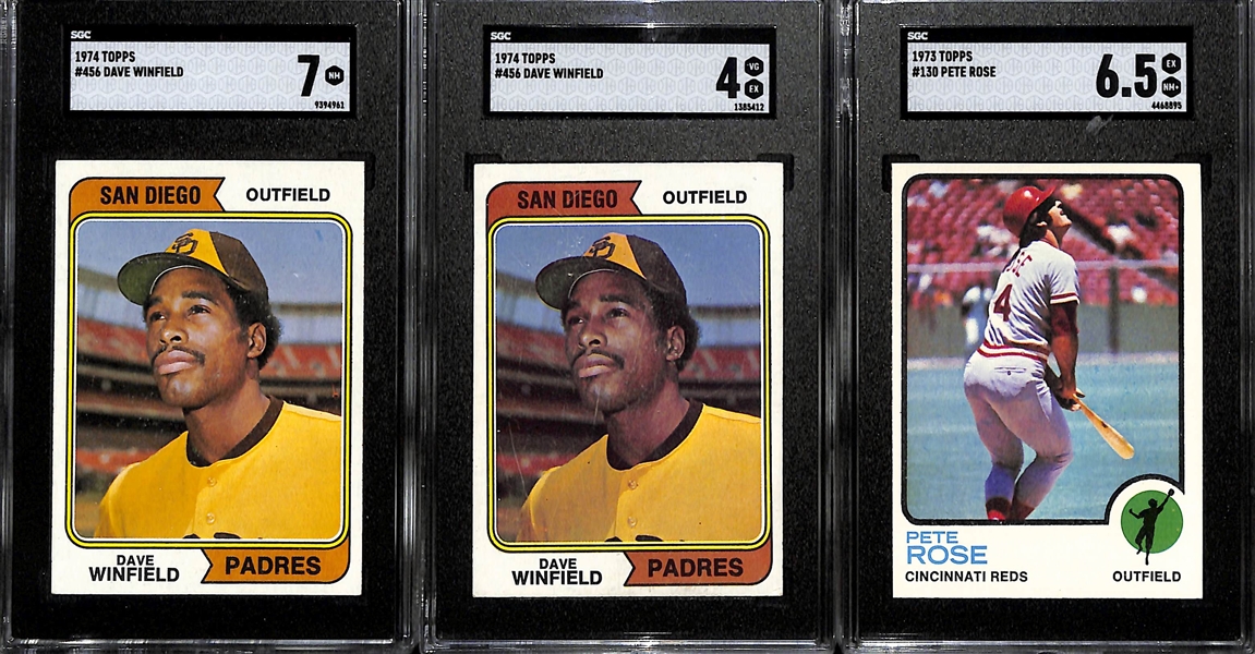 Lot of (2) 1974 Topps Dave Winfield Rookies SGC 7 & 4, & 1973 Topps Pete Rose SGC 6.5